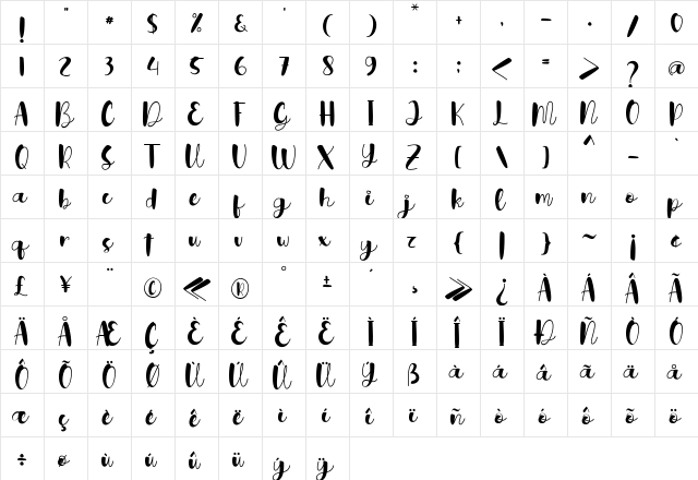 hijoana Regular  glyph index