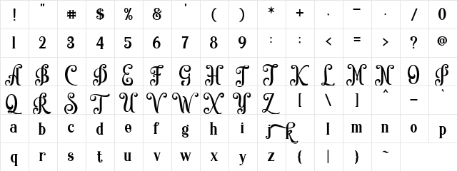Quiska Regular  glyph index