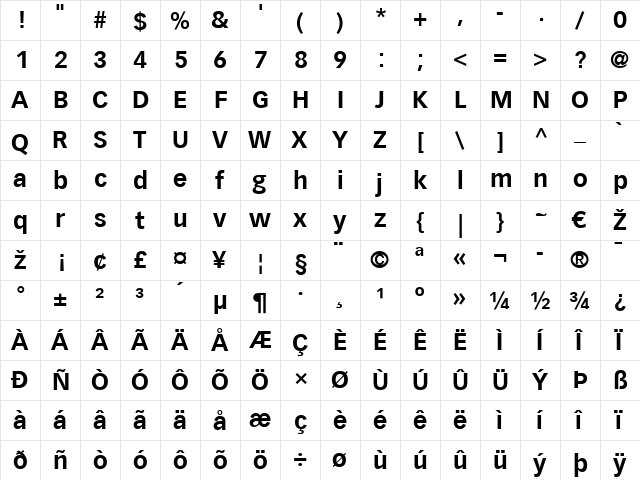 Vectora LT Light Bold  glyph index