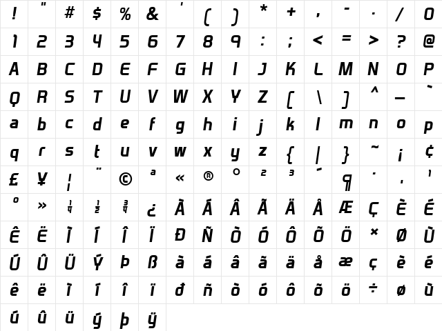 Venacti Bold Italic  glyph index