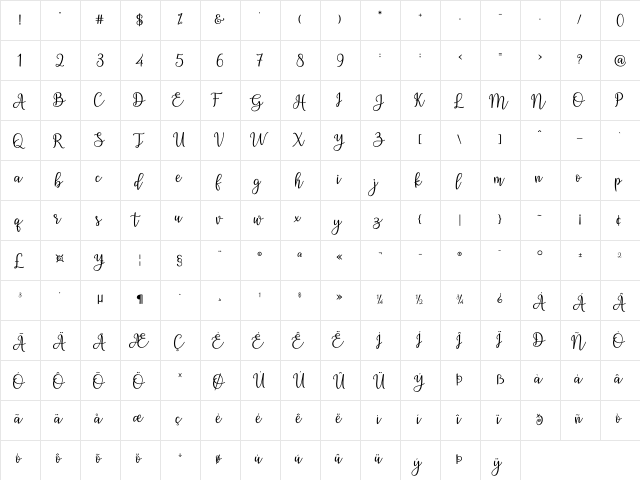 Ashadiya Regular  glyph index