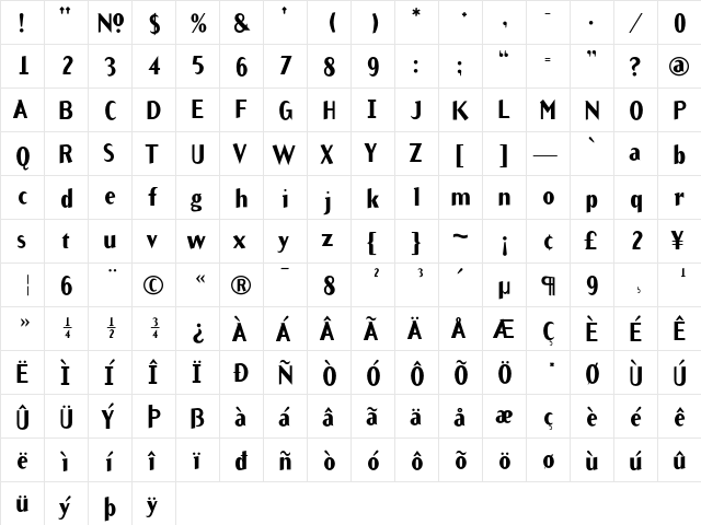 ArbitraryBold Regular  glyph index