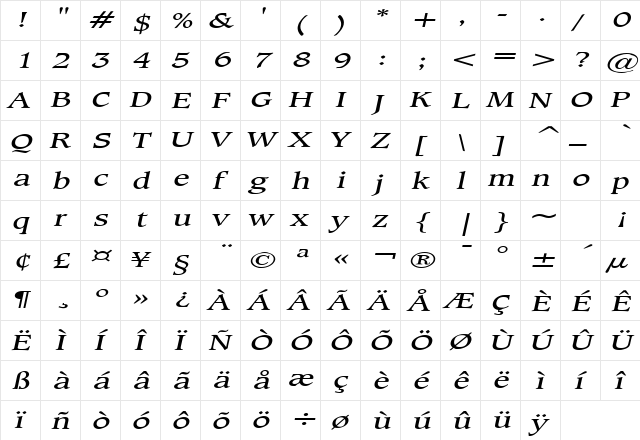 Clayton Extended Italic  glyph index