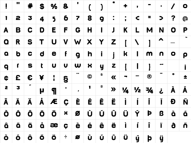 Baby MineFat Regular  glyph index