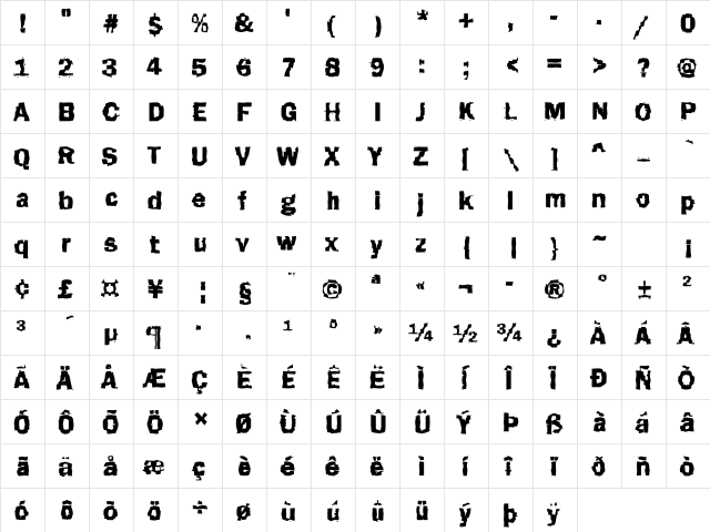 Funky47 Becker Regular  glyph index