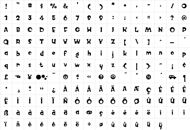 Knobcheese Regular  glyph index