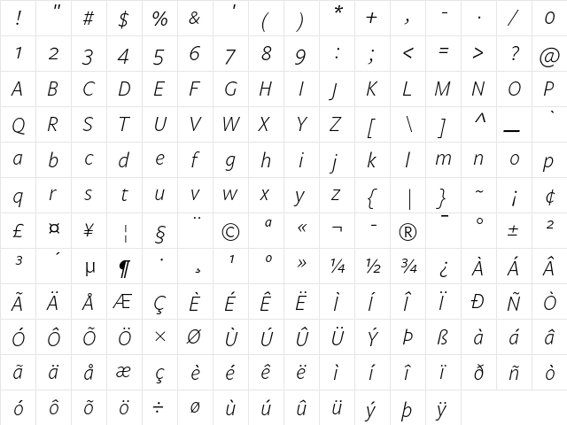 Legato Light Italic  glyph index