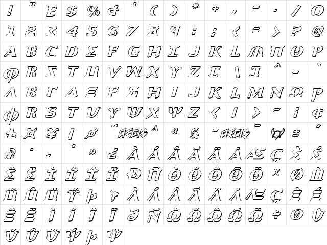 Aegis 3D Italic Italic  glyph index