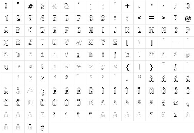 AquariusOutline Regular  glyph index