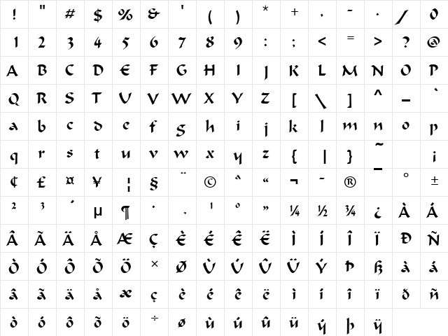 OndineD Regular  glyph index