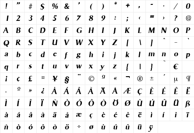 Sigvar-DemiBoldIta Regular  glyph index