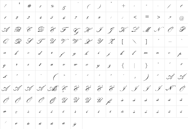 OPTIExcelsiorScript Regular  glyph index