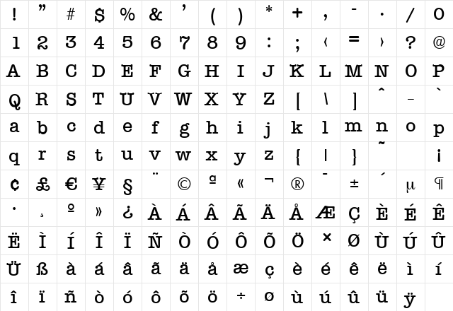TypewriterSerial-Medium Regular  glyph index