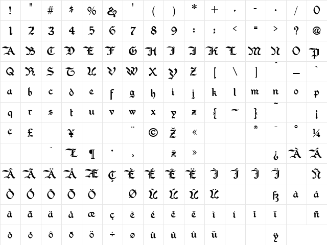 Washington Text Regular  glyph index