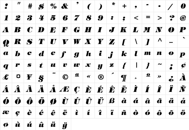 Tiffany-Heavy-Italic Regular  glyph index