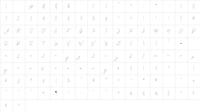 Eveline Cara Regular  glyph index