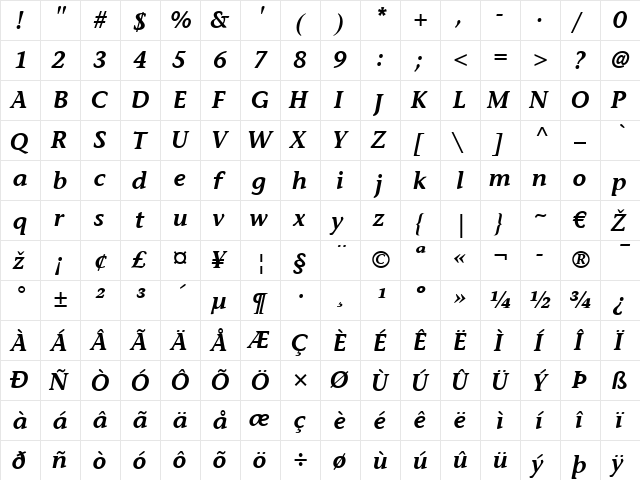 StoneInformal LT Bold Italic  glyph index