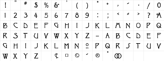 Ragged Regular  glyph index