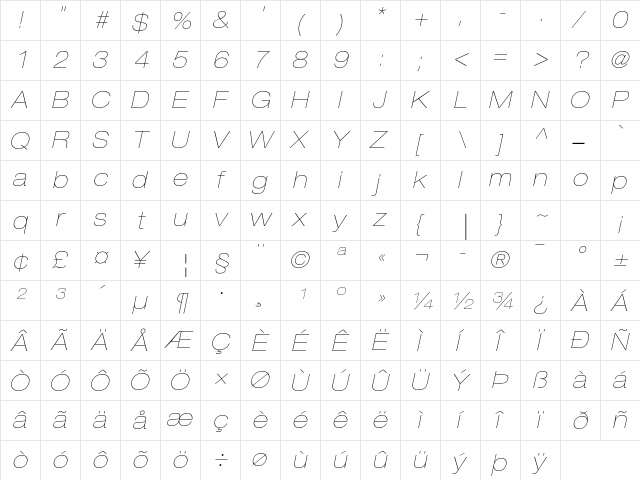 Helvetica Neue LT Std 23 Ultra Light Extended Oblique  glyph index