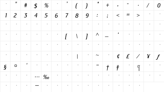 LesmoreBookCondensedItalicTab Regular  glyph index