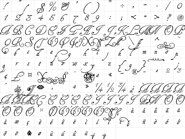 Tagettes Regular  glyph index