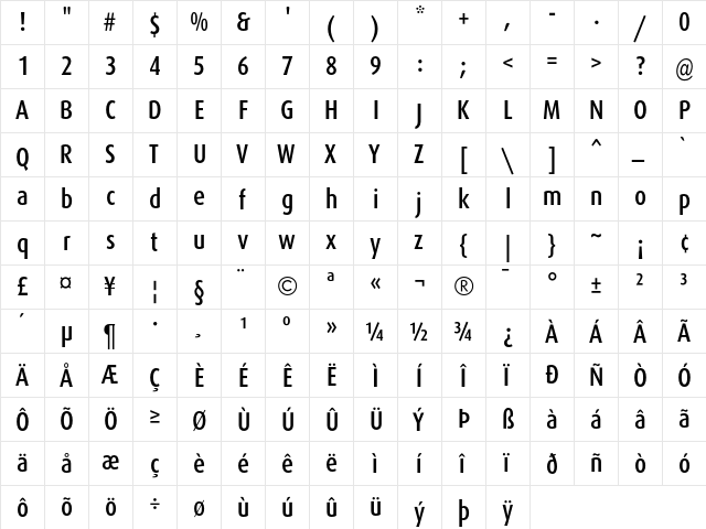 DaxCondensed Medium  glyph index