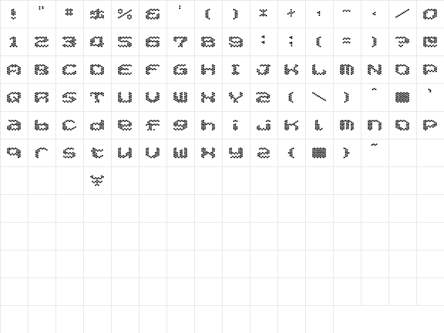 Hexaglamorous Regular  glyph index