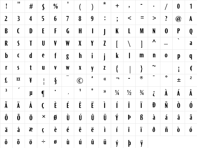 Ocean Sans MT Pro Bold Cond  glyph index