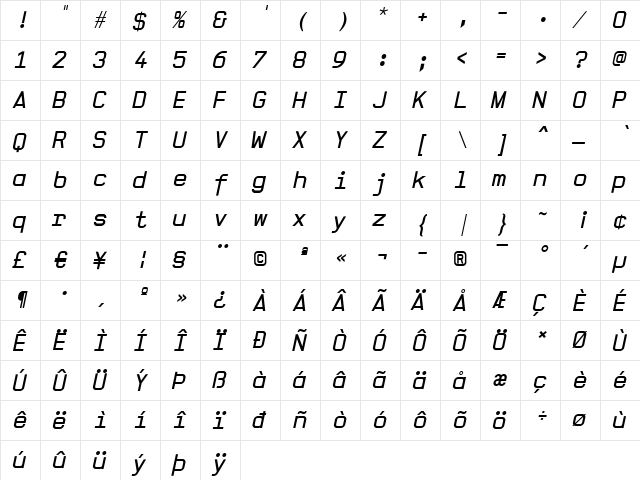 Office Regular Italic  glyph index