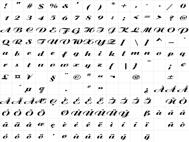 Ariston Ex Regular  glyph index