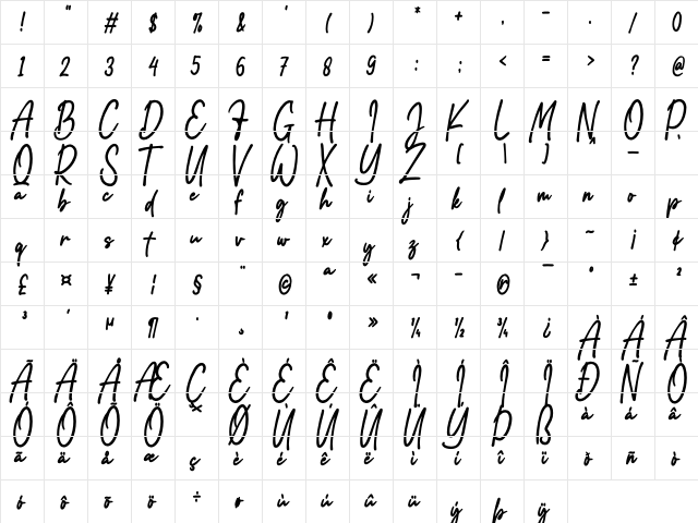 Addison Brother Regular  glyph index