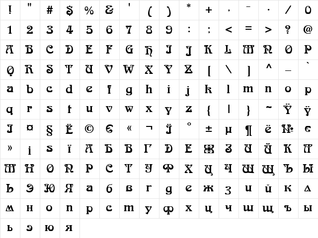 SkazkaForSerge Medium  glyph index