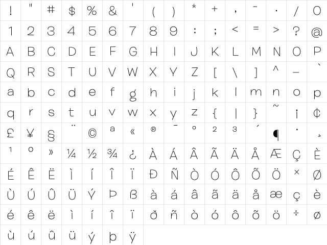 Burbank Big Wide Light  glyph index
