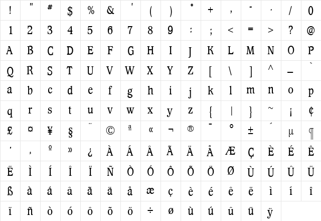 WaverlyMediumCondensed Roman  glyph index