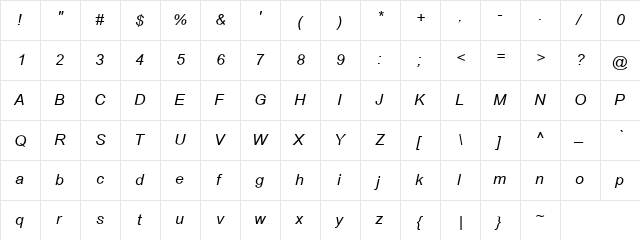 Browallia New Italic  glyph index