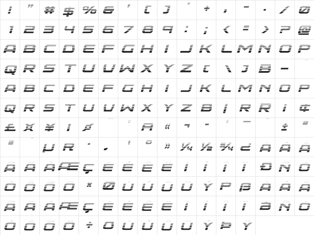 Neutron Dance Gradient Italic Regular  glyph index
