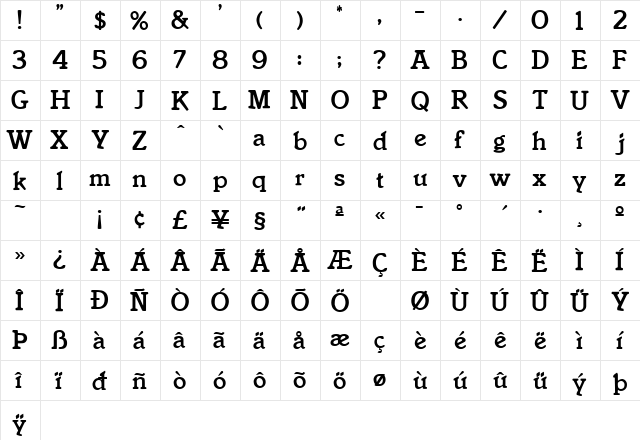 Italianate Regular  glyph index
