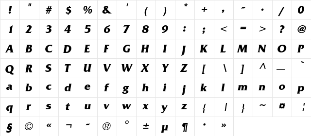 AGFriquerC Bold Italic  glyph index