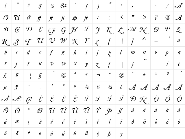 Caslon Becker No540 Swash Alt Italic  glyph index