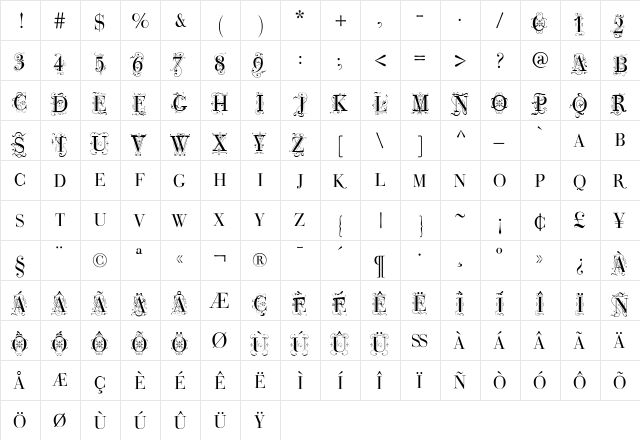 BodoniClassicDecoCaps Regular  glyph index