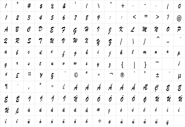 BrushScriptSWCondensed Regular  glyph index