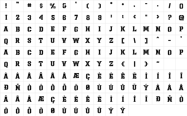Sharpshooter Regular  glyph index