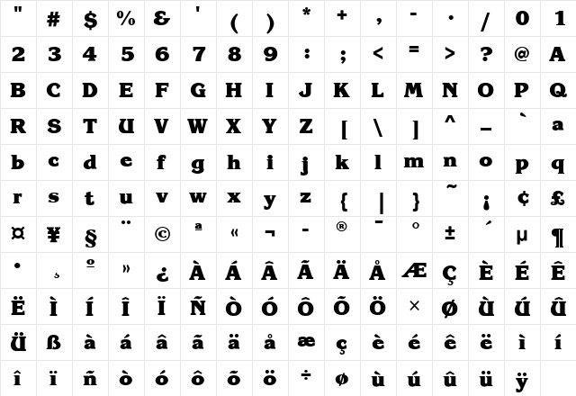 KorinnaBldITC Heavy  glyph index