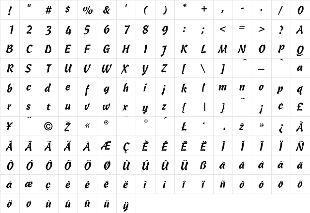 Castile Regular  glyph index