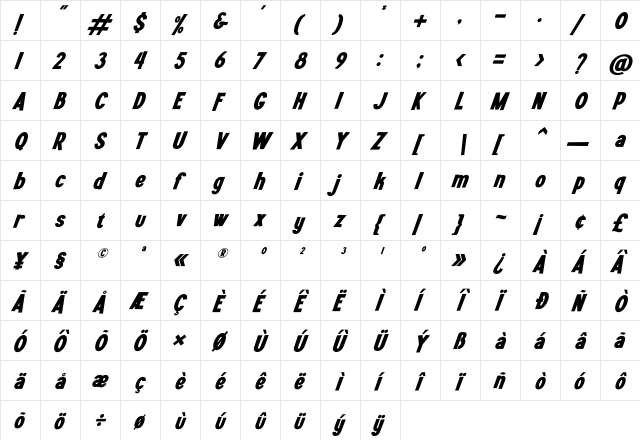 Mintmolly Italic Regular  glyph index