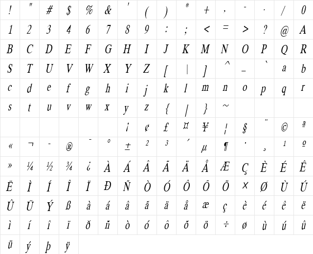Duke-Condensed Italic  glyph index