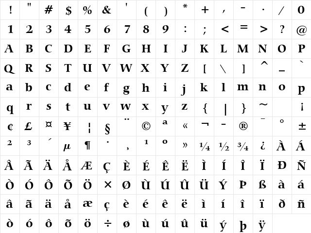 Carmina Md BT Bold  glyph index