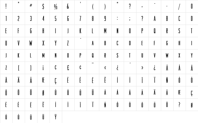 RaleighGothic Regular  glyph index