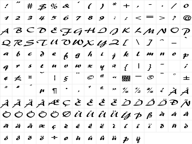 BrushFlashExpanded Regular  glyph index