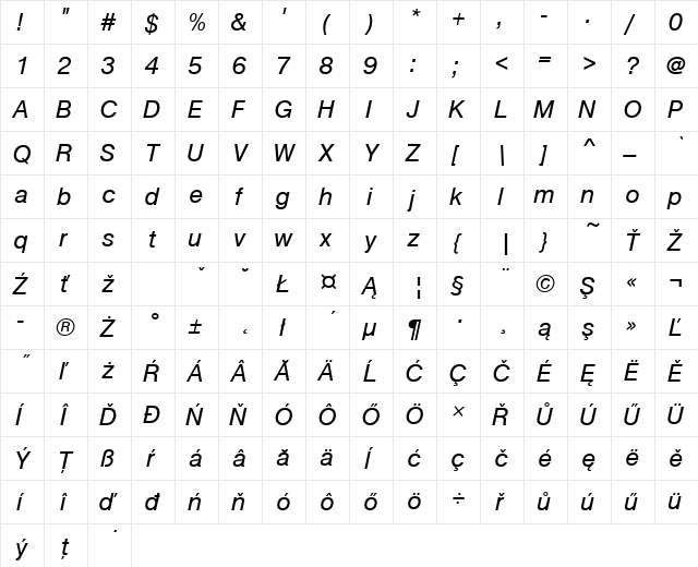 NimbusSanPEE Italic  glyph index